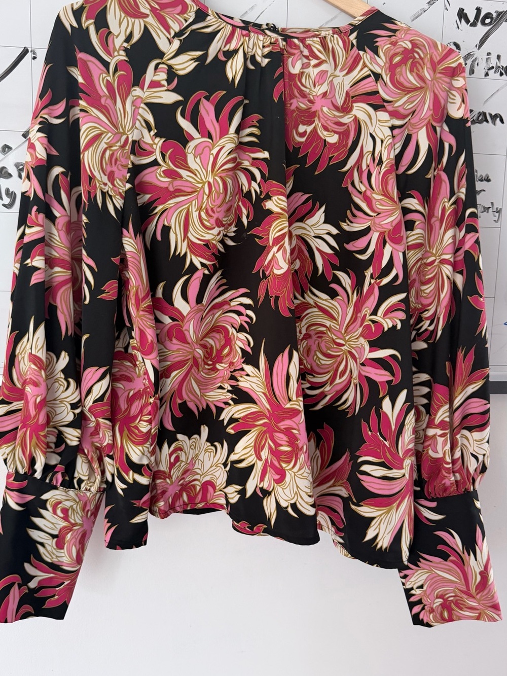 Who What Wear Black Floral-Print Long Sleeve Blouse with Pink and Cream Accents